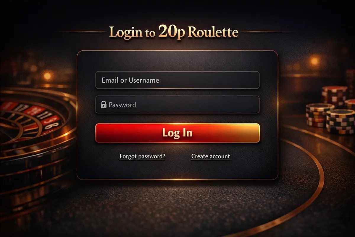 Login form interface for the 20p Roulette game with email and password fields, a red “Log In” button, and links for password recovery and account creation on a dark casino-themed background with a roulette wheel.